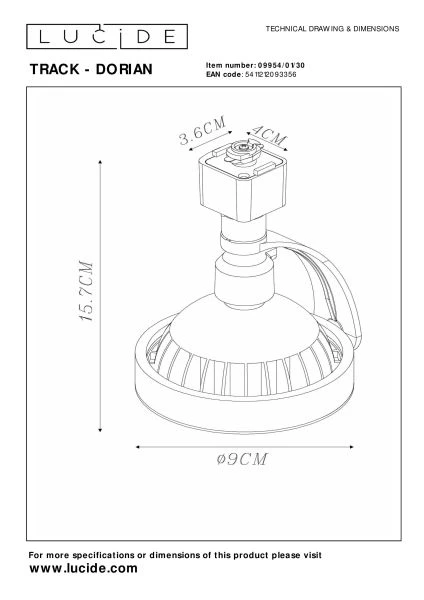 Lucide TRACK DORIAN Track spot - 1-circuit Track lighting system - 1xES111 - Black (Extension) - technical